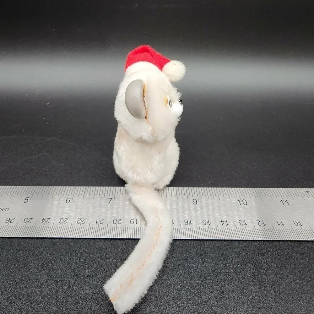 VTG Korea White Christmas‎ Mouse Clip On Santa Hat Plush Retro Kitsch Ornament